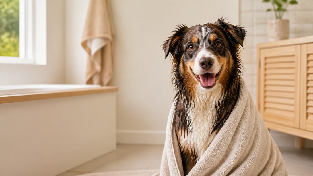 A freshly-bathed dog wrapped in a soft towel
