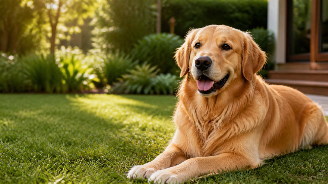 A fluffy double-coated dog with a healthy coat in warm light