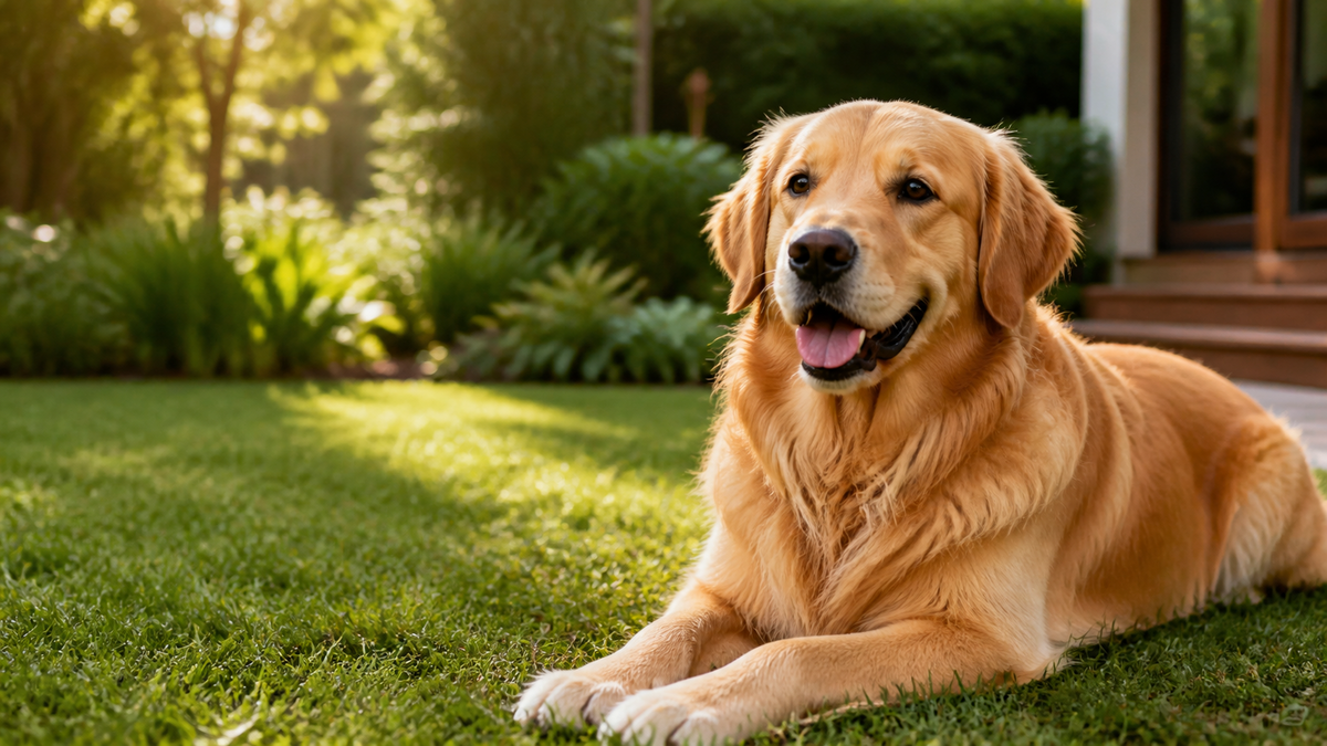 A fluffy double-coated dog with a healthy coat in warm light