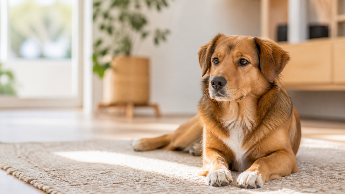 A calm, healthy dog resting comfortably at home