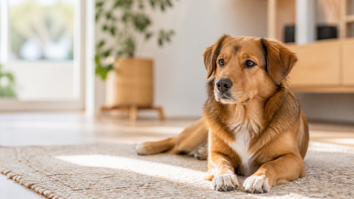 A calm, healthy dog resting comfortably at home