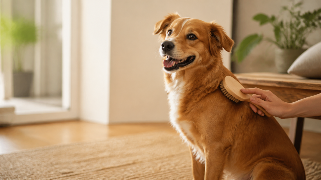 A happy dog being gently brushed at home in warm light