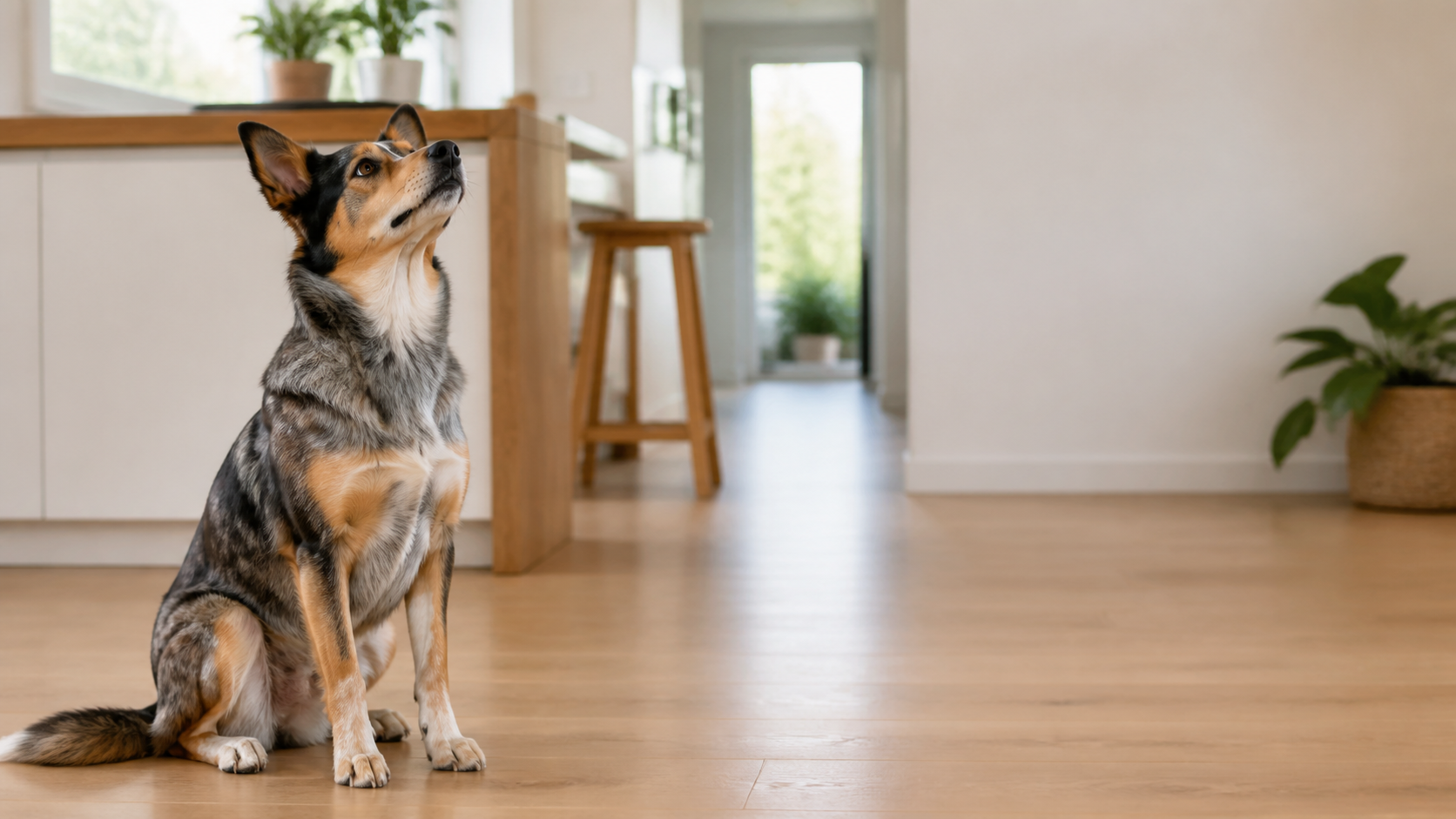 A healthy, attentive dog in a bright Australian home