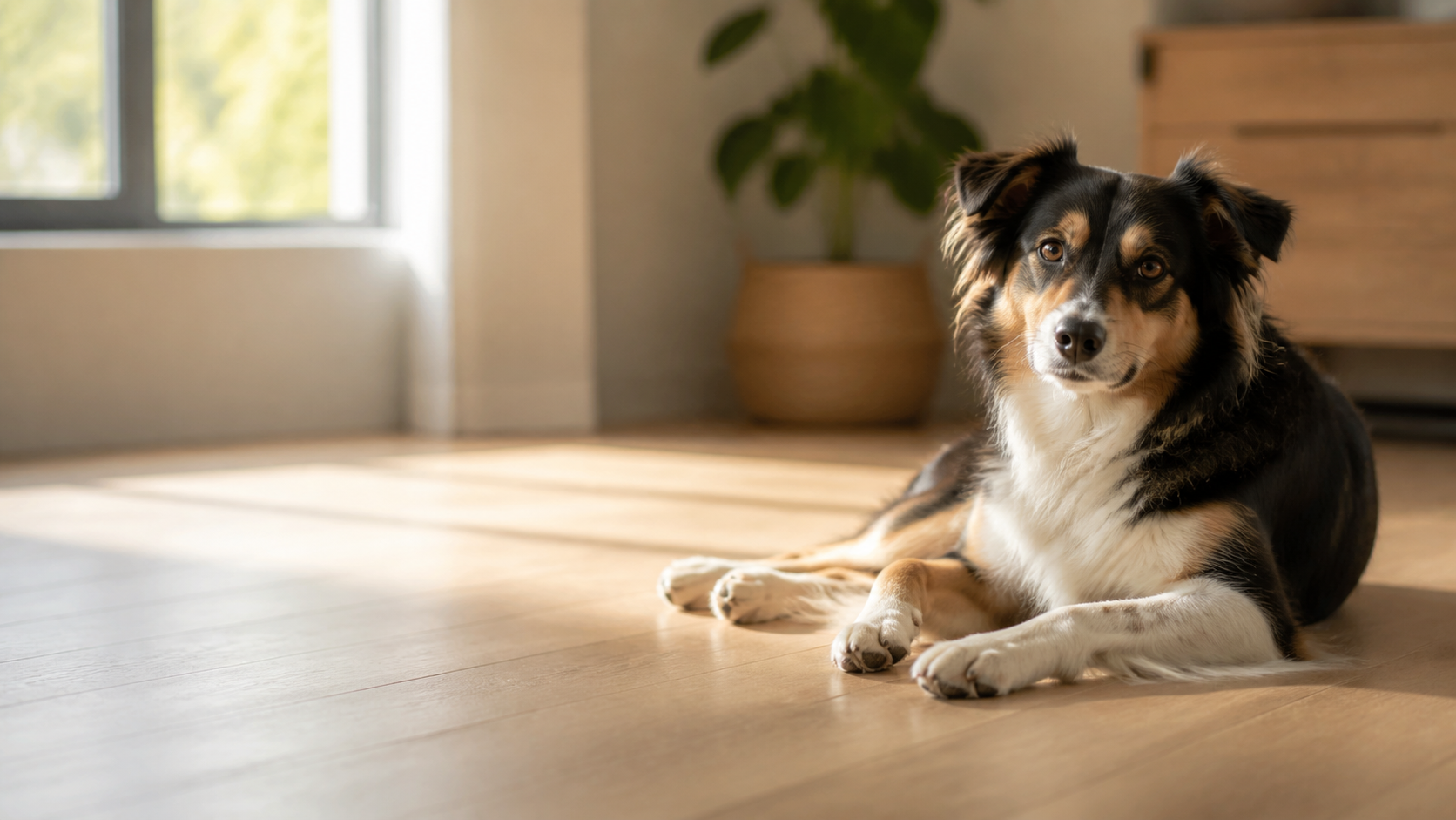 A healthy dog resting calmly in a bright Australian home