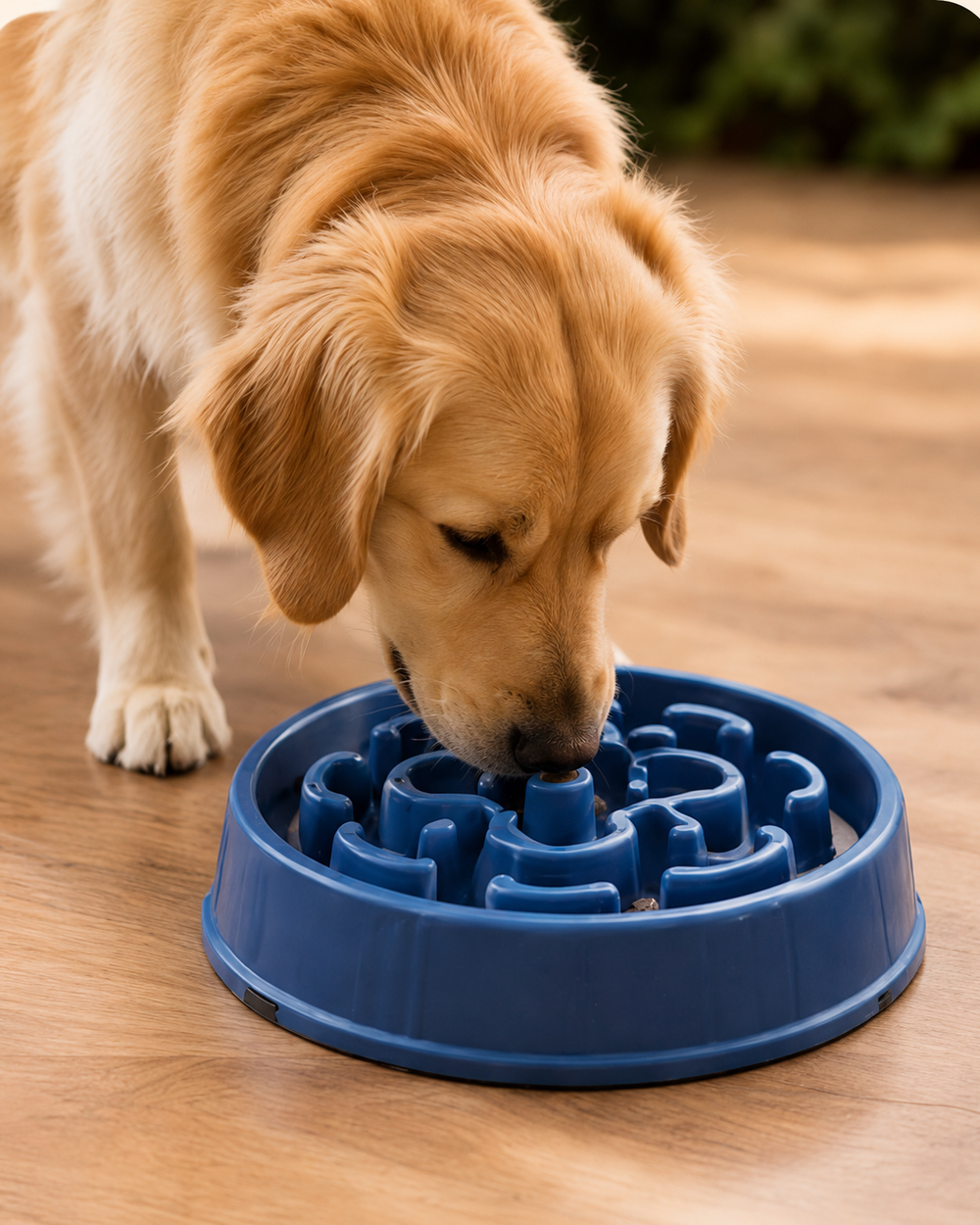 Golden retriever eating from a slow feeder