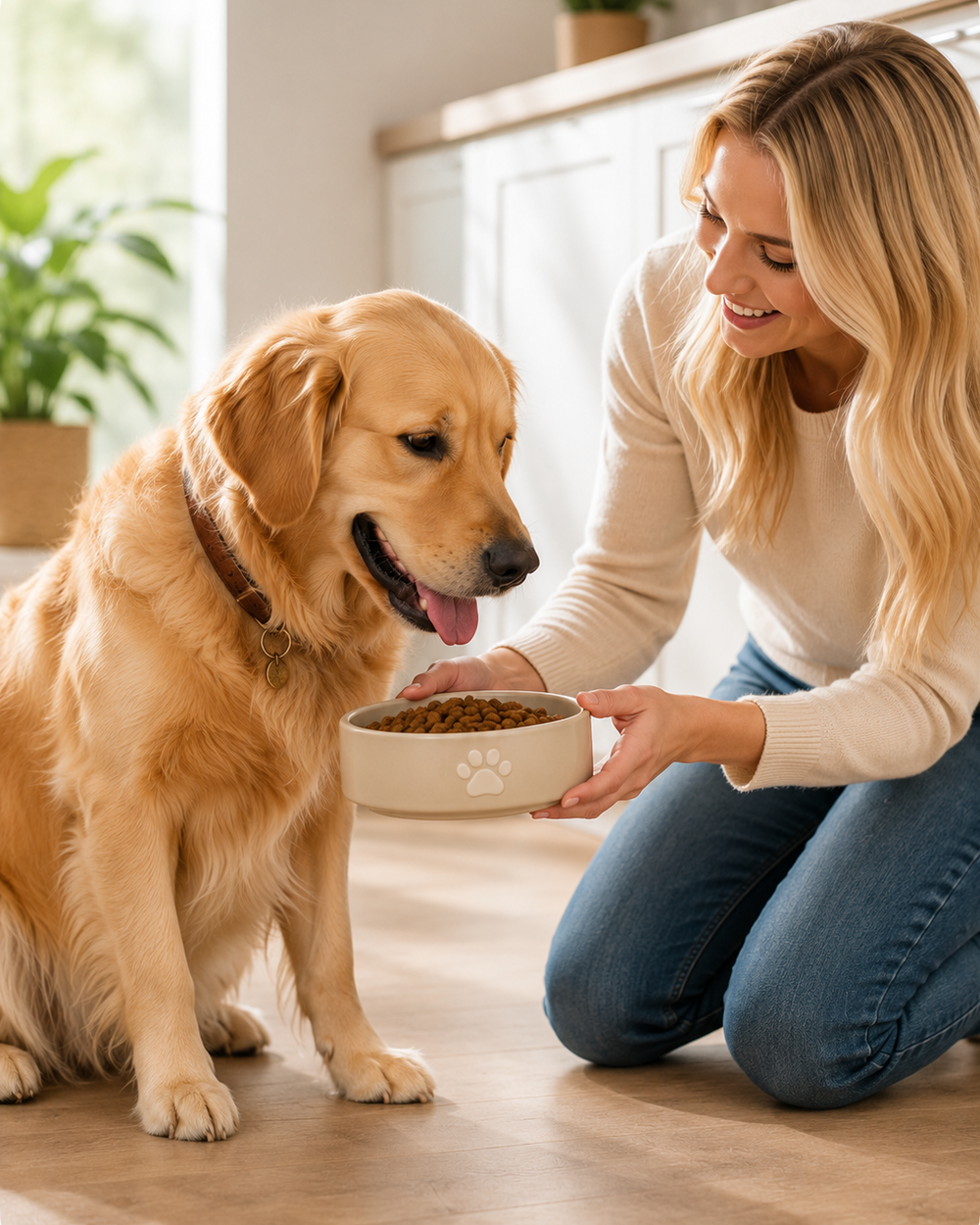 Golden retriever being fed from a bowl