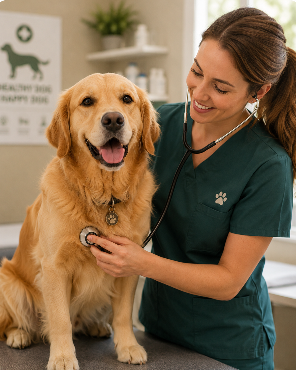 Golden retriever at a vet check-up