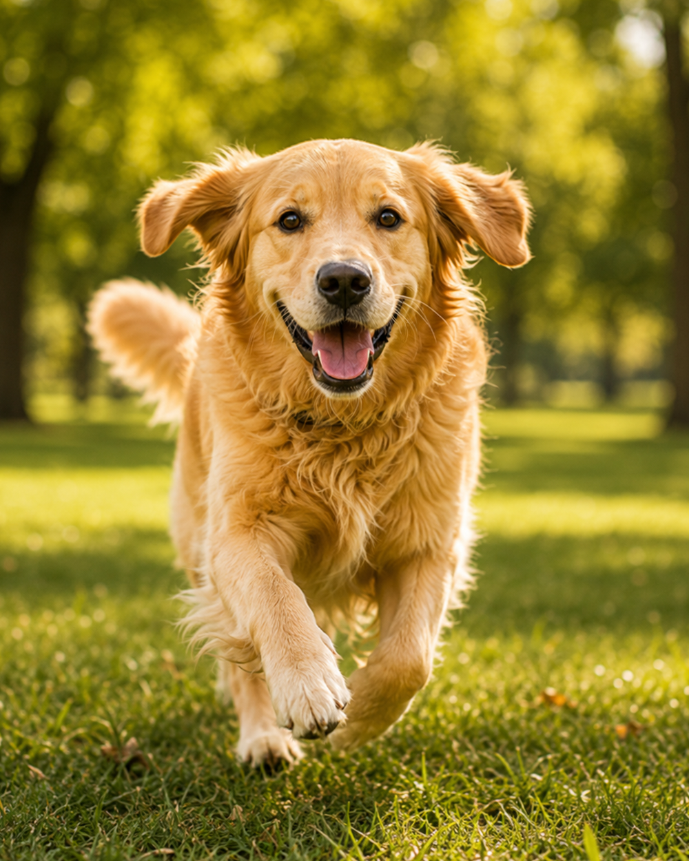 Happy golden retriever running in a park