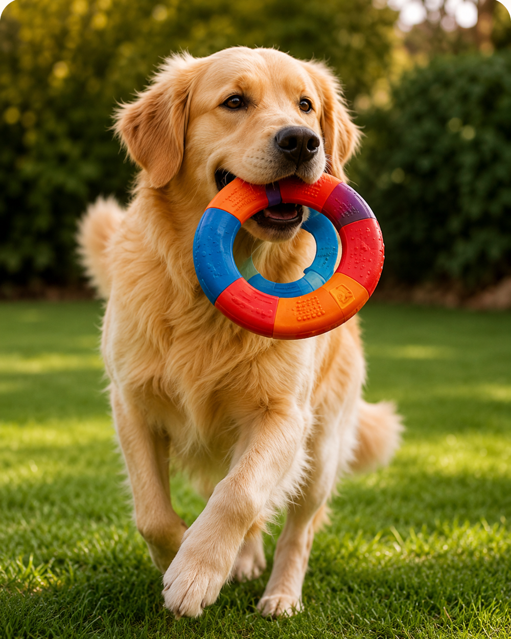 Golden retriever playing with a ring toy
