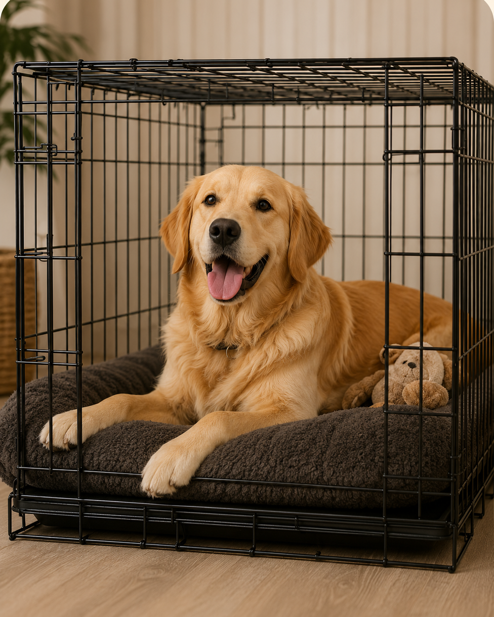 Golden retriever resting in a travel crate