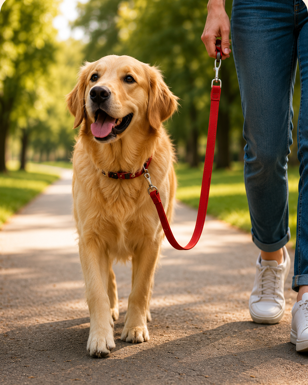 Golden retriever being walked on a lead