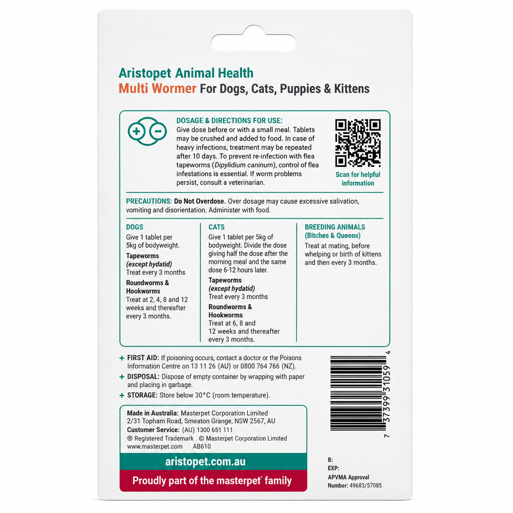 Aristopet Multi Wormer for Dogs, Cats, Puppies & Kittens 8 Tablets