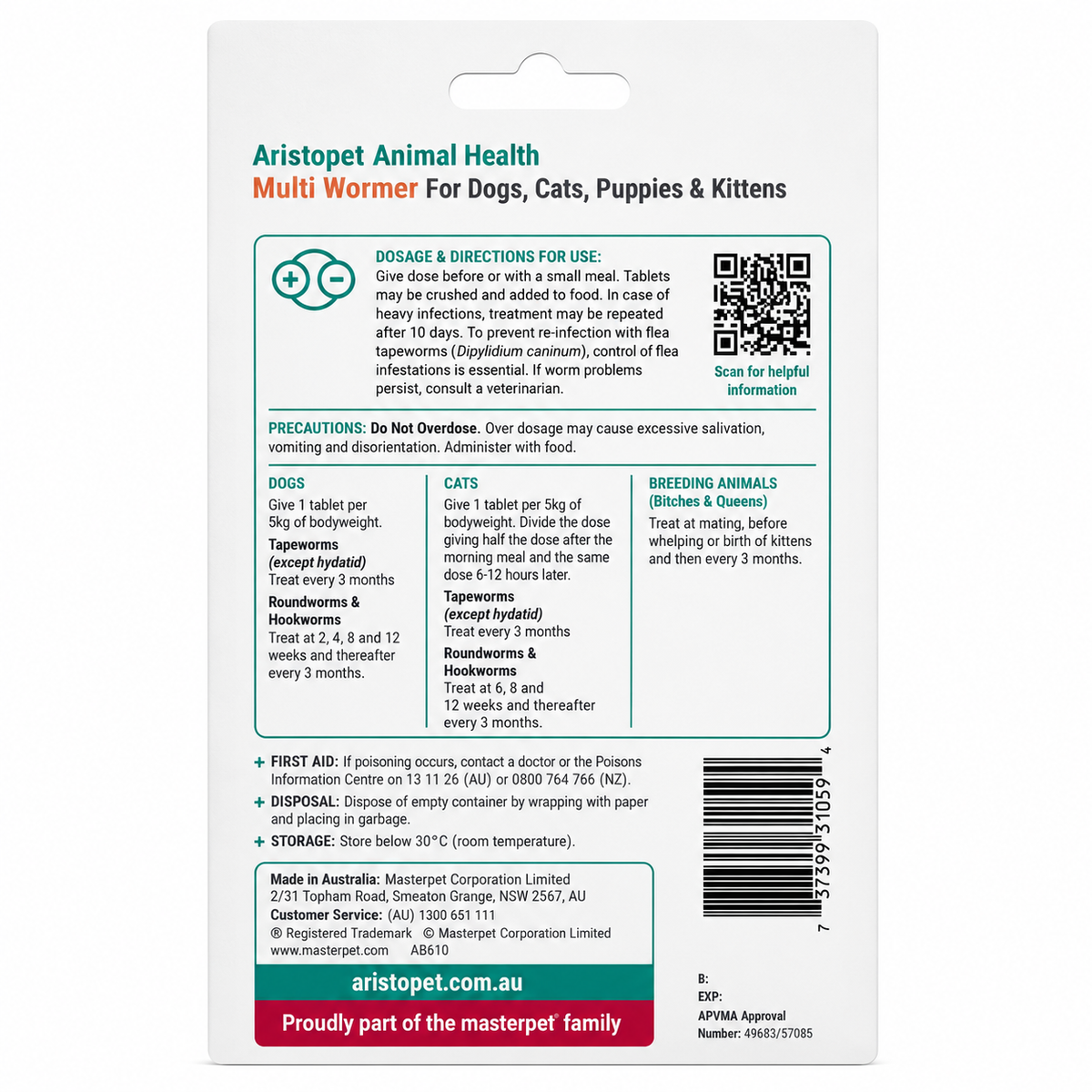 Aristopet Multi Wormer for Dogs, Cats, Puppies & Kittens 8 Tablets