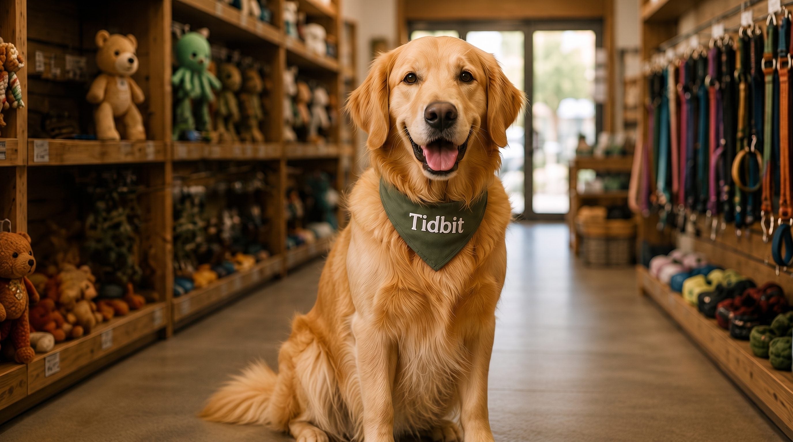 Bailey, the golden retriever behind Tidbit, sitting in the Tidbit dog store